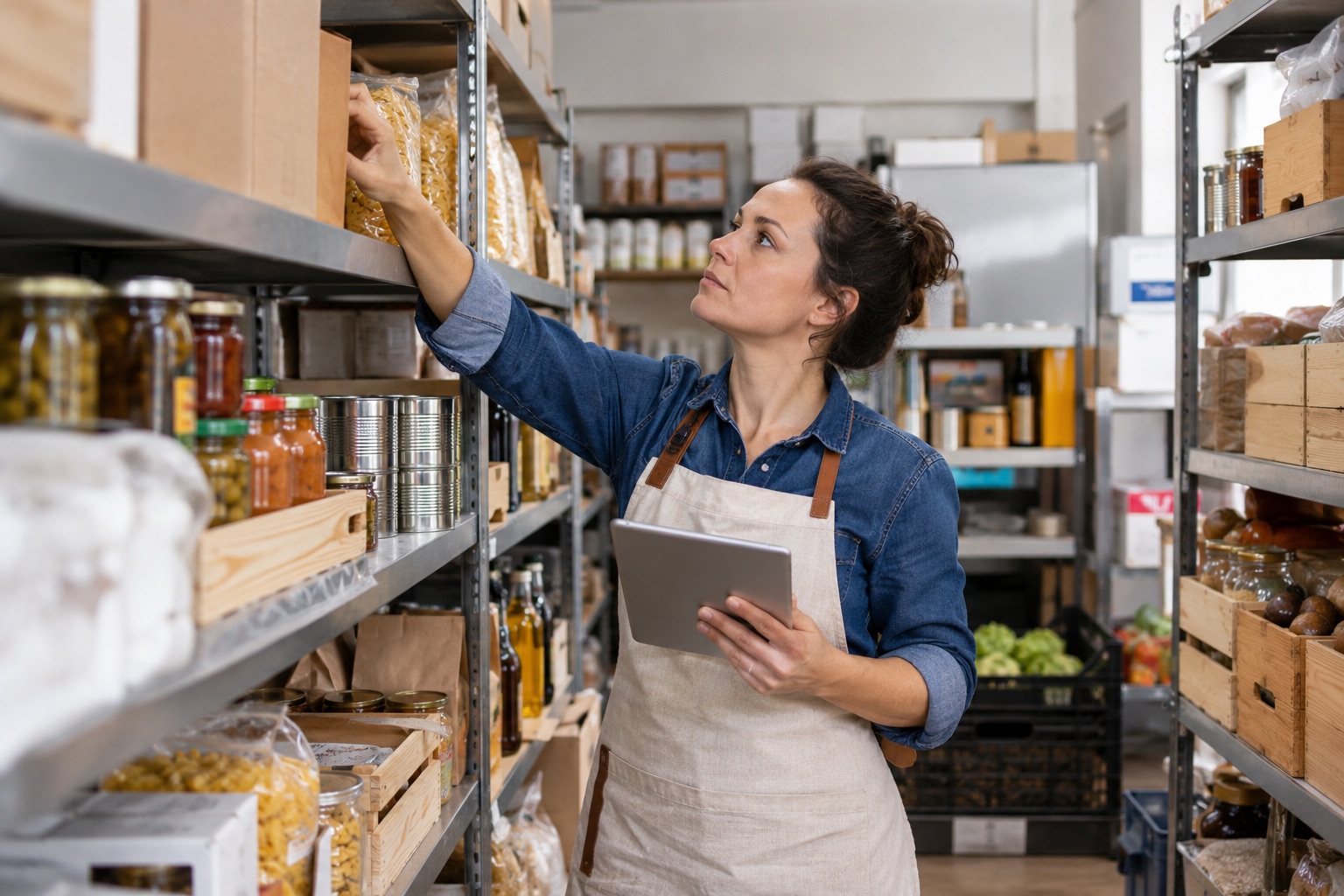 Commerçante réalisant un inventaire dans la réserve de son épicerie.