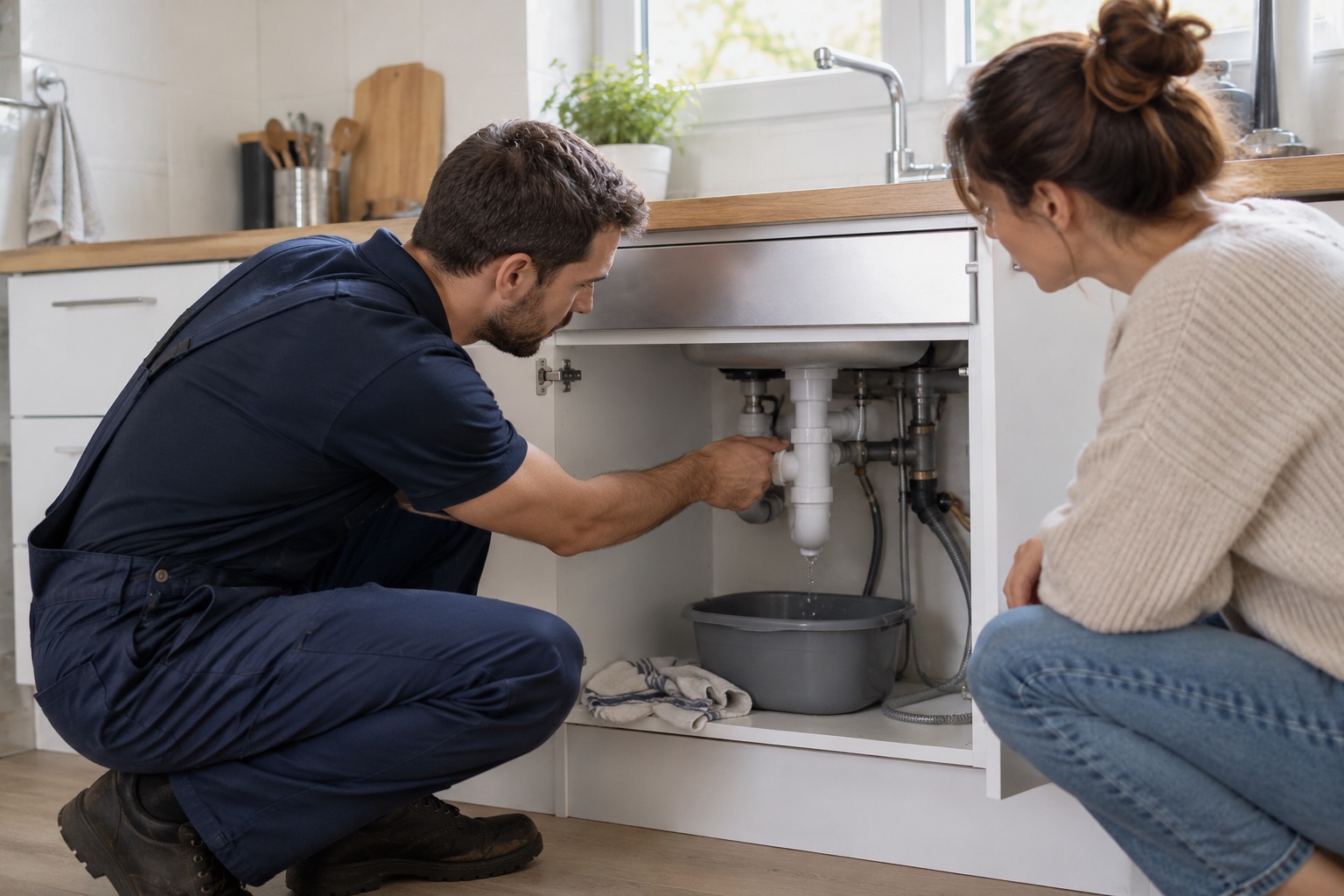 Plombier inspectant une canalisation sous un évier avec une propriétaire.