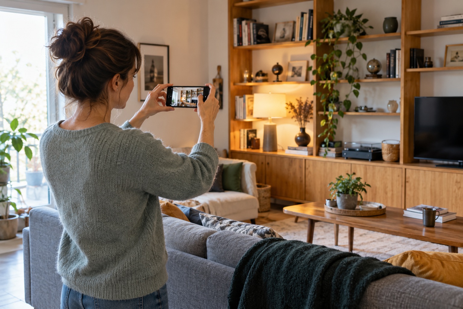 Femme photographiant les objets de son salon avec un téléphone.