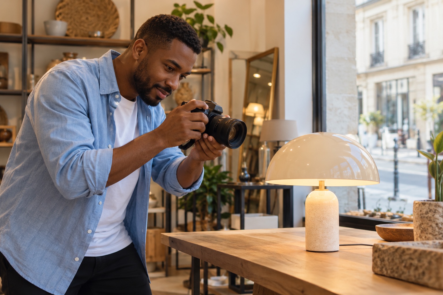 Commerçant photographiant une lampe pour son catalogue.