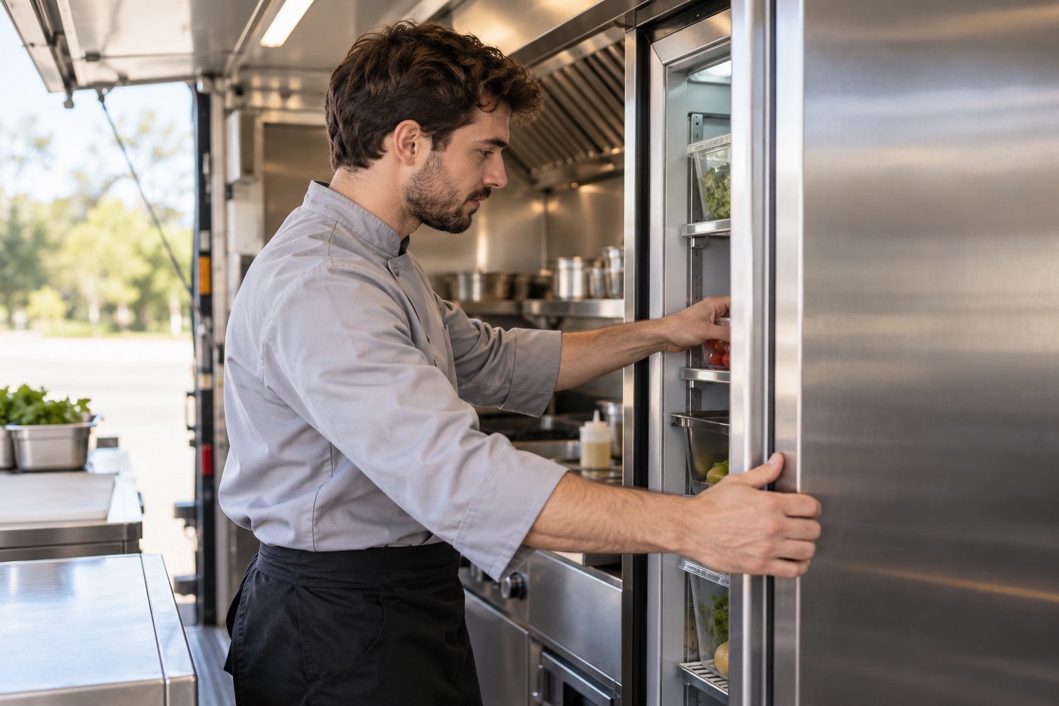 Cuisinier en veste grise vérifiant un réfrigérateur professionnel.