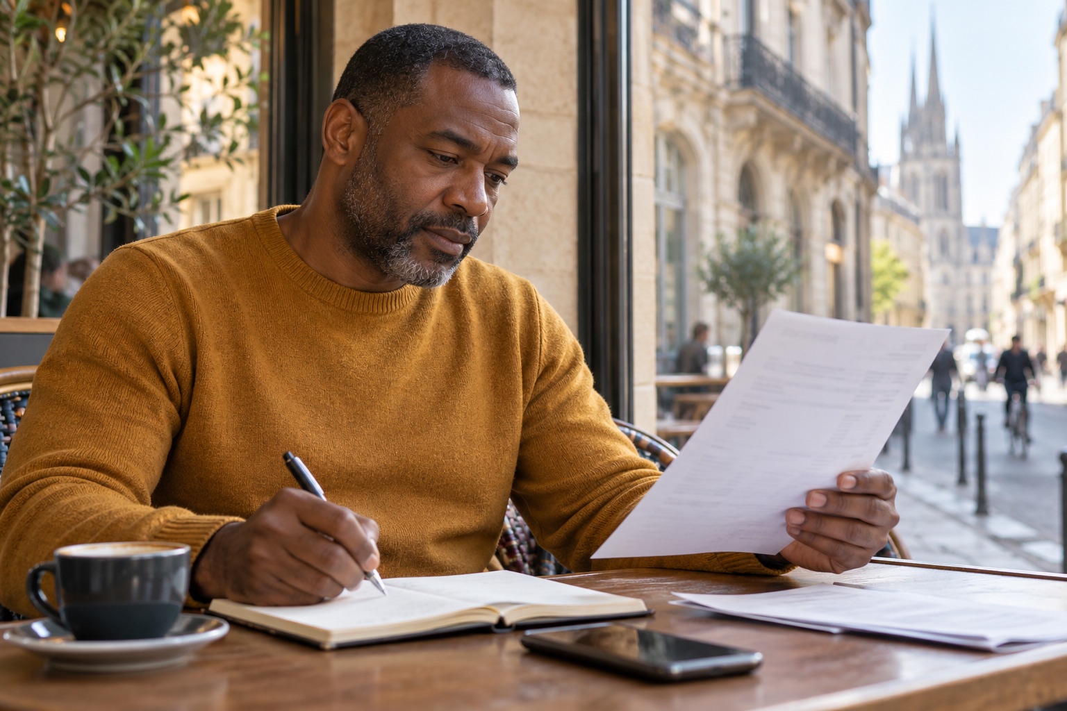 Artisan en pull ocre consultant une facture dans un café calme.