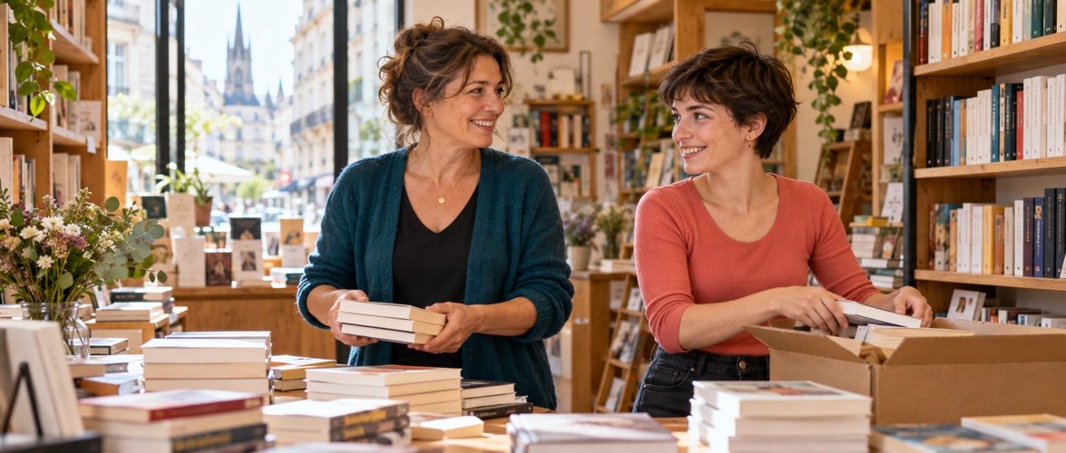 Libraire et collaboratrice dans une boutique.