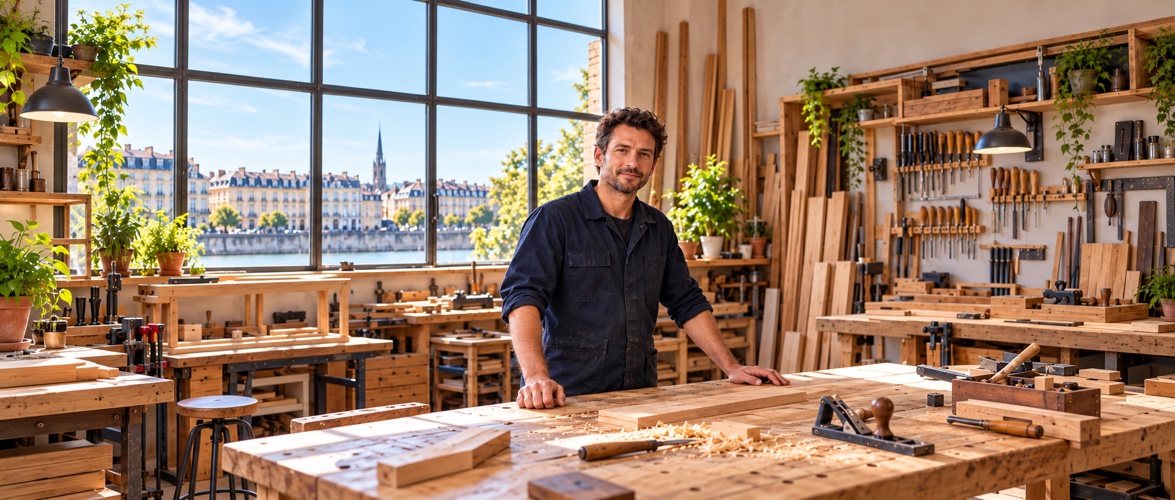 Menuisier travaillant le bois dans son atelier.