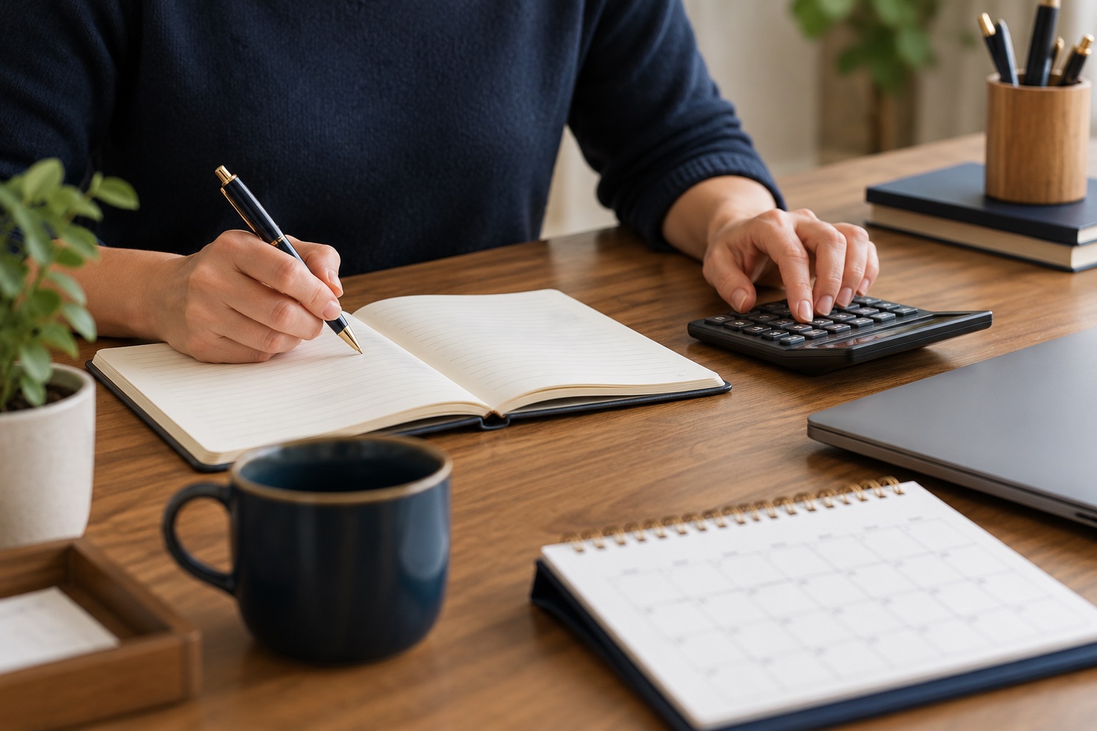 Préparation d’un budget sur un bureau avec calendrier et calculatrice.