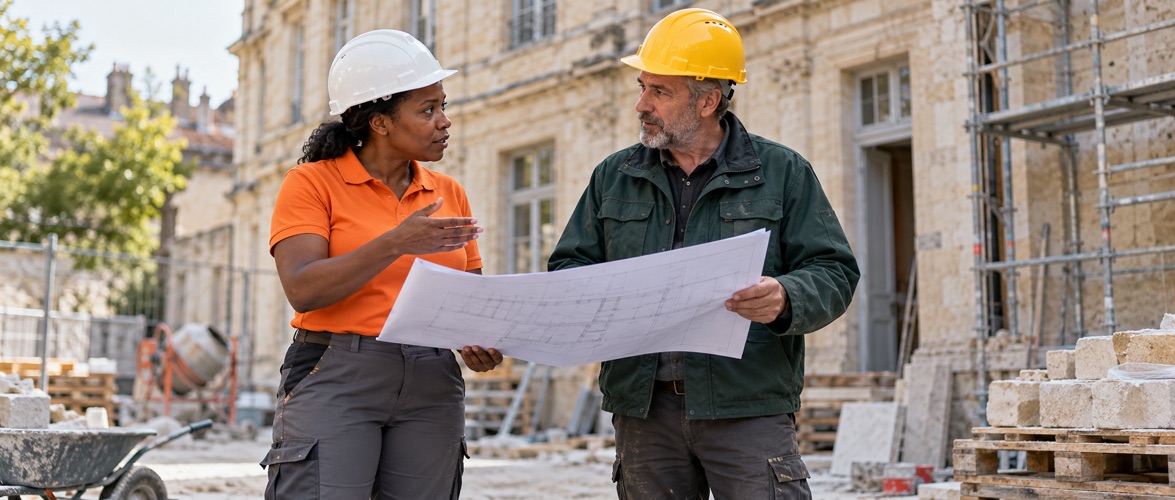 Professionnels du bâtiment autour d’un plan.